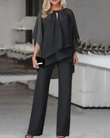 Emilia | Damen Zweiteiler Wide Leg Pants Layered Chiffon Oberteil in Schwarz