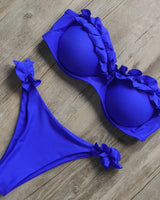 Damen Zweiteiliger Bikini mit Trägerlosem Oberteil Volants und Bindung am Rücken in Blau