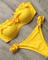 Damen Zweiteiliger Bikini mit Trägerlosem Oberteil Volants und Bindung am Rücken in Gelb