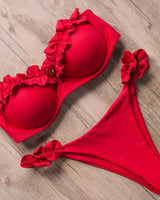 Damen Zweiteiliger Bikini mit Trägerlosem Oberteil Volants und Bindung am Rücken in Rot
