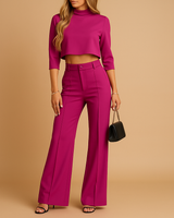 Damen Zweiteiliges Set mit Kurzem Langarm-Oberteil und Gerade Geschnittener Hose in Lila