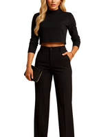 Damen Zweiteiliges Set mit Kurzem Langarm-Oberteil und Gerade Geschnittener Hose in Schwarz