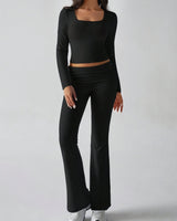 Damen Zweiteiliges Set mit Langarm-Crop-Top quadratischem Ausschnitt hohem Bund und Schlaghose in Schwarz