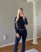 Damen Zweiteiliges Set mit Langarm-Crop-Top Rundhalsausschnitt und Schlaghose mit hohem Bund in Dunkelblau