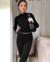 Damen Zweiteiliges Set mit Langarm-Crop-Top Rundhalsausschnitt und Schlaghose mit hohem Bund in Schwarz