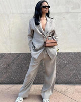 Damen Zweiteiliges Set mit Langem Blazer Reverskragen Bindegürtel und Weiter Hose in Grau