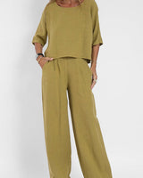 Damen Zweiteiliges Set mit Rundhals-Oberteil Halblangen Ärmeln und Weiter Hose mit Hohem Bund in Khaki
