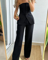 Damen Zweiteiliges Set mit Trägerlosem Oberteil Asymmetrischer Knopfleiste und Weiter Hose in Schwarz