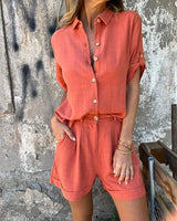 Damen Zweiteiliges Sommer Set mit Knopfleiste und Hemdkragen in Orange