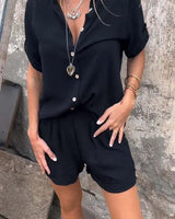Damen Zweiteiliges Sommer Set mit Knopfleiste und Hemdkragen in Schwarz