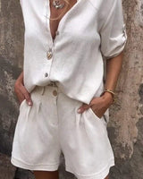 Damen Zweiteiliges Sommer Set mit Knopfleiste und Hemdkragen in Weiß