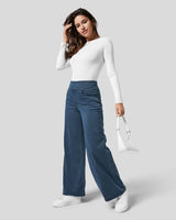 Damenhose mit hohem elastischem Bund und weitem Bein in Dunkelblau