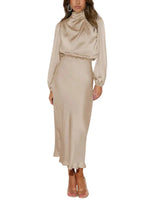 Damenkleid mit drapiertem Stehkragen in Beige