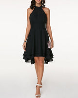Damenkleid mit Halterneck und Ausgestelltem Rock mit Lagen-Saum in Schwarz