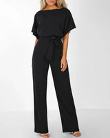 Damen’s Jumpsuit mit kurzen Ärmeln, weitem Bein und Taillenband in Schwarz