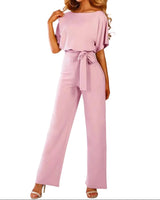 Damen’s Jumpsuit mit kurzen Ärmeln, weitem Bein und Taillenband in Rosa