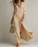 Bileena – Ein-Schulter-Maxikleid Aus Strick MIT Hohem Schlitz in Kaki