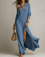 Bileena – Ein-Schulter-Maxikleid Aus Strick MIT Hohem Schlitz in Blau
