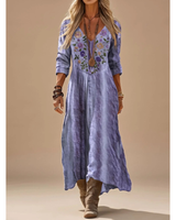 Daphne | Damen Lila Boho Maxikleid mit Langarm, V Ausschnitt und Vintage Stickerei in Lila