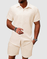 Darian | Herren Kurzarm Hemd Shorts Set Strukturiert in Beige