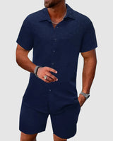 Darian | Herren Kurzarm Hemd Shorts Set Strukturiert in Blau