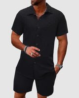 Darian | Herren Kurzarm Hemd Shorts Set Strukturiert in Schwarz
