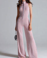 ElevenOra Stilvoller Pinker Ärmelloser Jumpsuit mit Stehkragen, Reißverschluss vorne, Tailliertem Bund und Weitem Bein im Ribstrickdesign in Pink