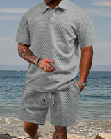 Niall - Strukturiertes Set aus Poloshirt und Shorts in Hellgrau