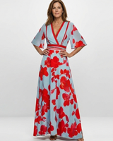 Corinne | V-Ausschnitt Kurzarm Blumenmaxikleid in Floral