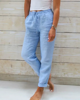 Leinenhose mit elastischem Bund und Kordelzug für Damen - Helga in Blau