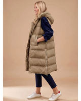 Doreen | Damen Lange Steppweste mit Kapuze in Khaki