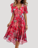 Florales Wickel-Midikleid mit Bauchkontrolle in Rot