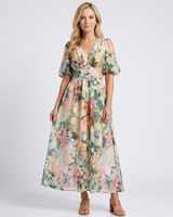 Eulalie | V-Ausschnitt Kurzarm Kleid mit geraffter Taille Midi in Floral