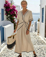 Linnea | Damen Maxikleid V-Ausschnitt Kurzarm Geraffter Taille – Gerafft Maxi in Beige
