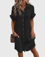 Locker geschnittenes Sommerkleid mit Knopfleiste – Midikleid Kurzarm Polokleid in Black