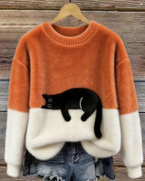 Aiste - Lässiger Pullover Mit Katzenmotiv in Orange
