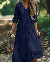 Shirron – Modisches Langes Kleid Mit V-Ausschnitt in Marineblau