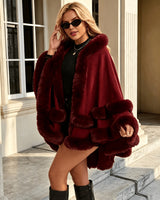 Toriann - Winter Strick Jacke Mit Kapuze Pelzfutter Und Offener Vorderseite in Burgund