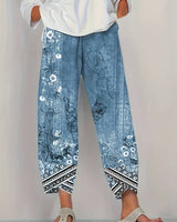 Thimasha - Caprihose Im Vintage Blumenmuster Mit Elastischem Bund in Blau