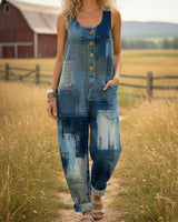 Lässiger Denim-Jumpsuit für Frauen mit distressed Kunstdruck in Mehrfarbig