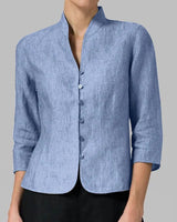 Editha | Damen Stehkragenbluse 3/4-Arm Slim Fit in Blau