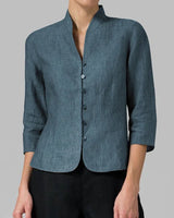 Editha | Damen Stehkragenbluse 3/4-Arm Slim Fit in Dunkel Blau