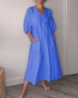 Eeva | Damen Midikleid V-Ausschnitt Taschen Lässig in Blau