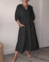 Eeva | Damen Midikleid V-Ausschnitt Taschen Lässig in Schwarz