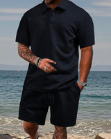 Niall - Strukturiertes Set aus Poloshirt und Shorts in Dunkelblau