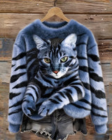 Jules – Weiches Plüsch Sweatshirt Mit Tabby Katzen Und Tiger Muster in Blau