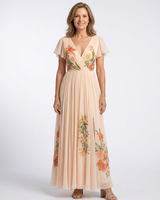 Calista | V-Ausschnitt Kurzarm Falten Maxi Kleid in Floral