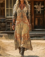 Elara | Damen Langarm Maxikleid mit Muster und V Ausschnitt in Gelb