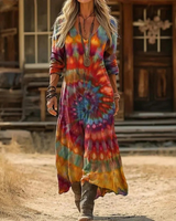 Elara | Damen Langarm Maxikleid mit Muster und V Ausschnitt in Mehrfarbig