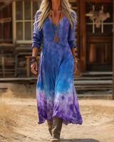 Elara | Damen Langarm Maxikleid mit Muster und V Ausschnitt in Blau